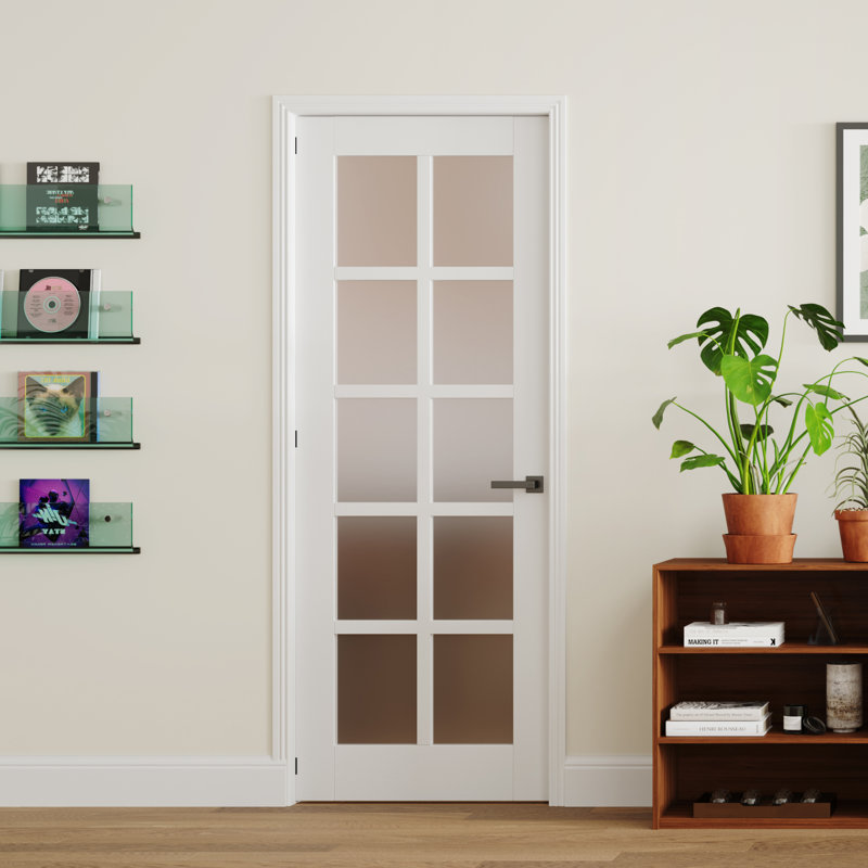 Porte intérieure française pré-montée en verre givré de style moderne à 10 panneaux, cadre réglable, bois massif et bois manufacturé blanc avec cadre et poignée