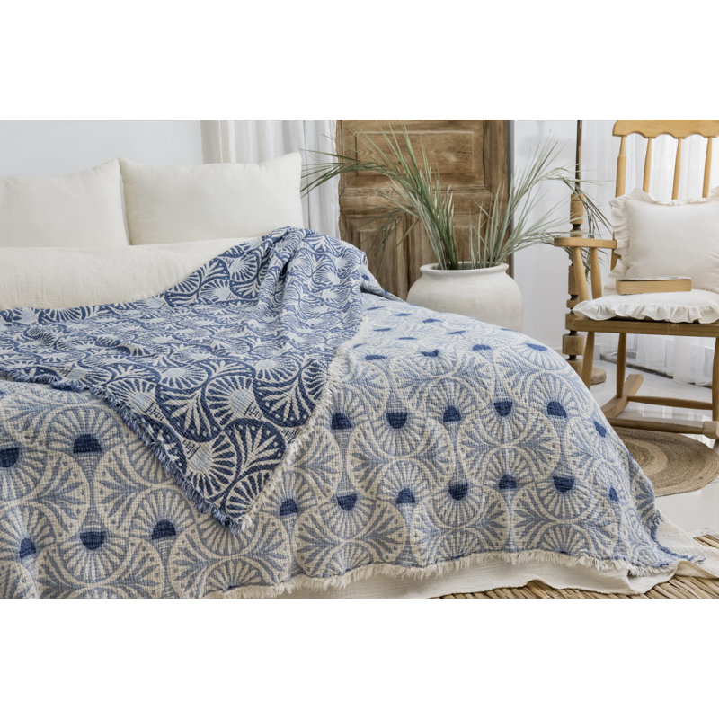 Gingko Muslin Bed Blanket, Blue