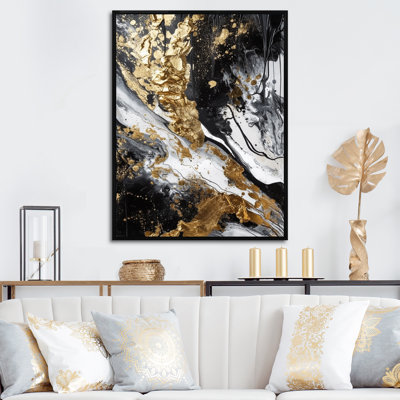«River Happiness Abstract Gold Black White», reproduction d'art sur toile