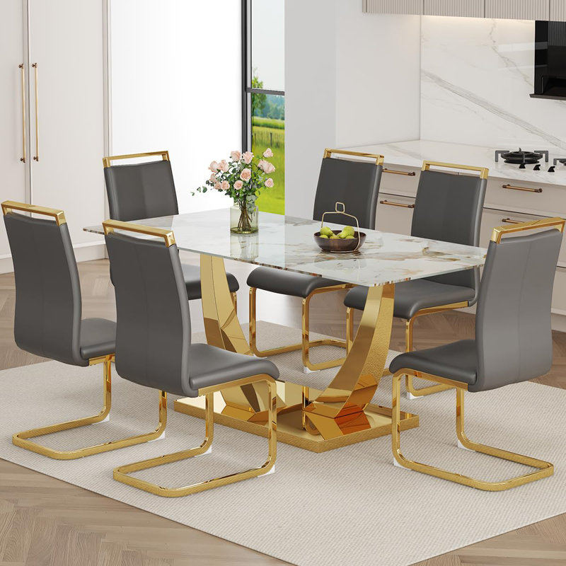 71'' Modern Dining Table Set, Tempered Glass Top with Gold Metal Base, PU Leather Chairs, Luxury Dining Room Set, Dark Gray