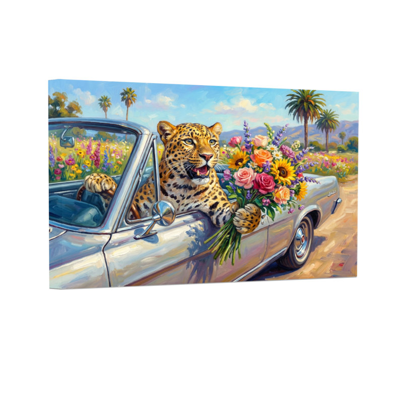 Animaux, léopard en voiture avec fleurs, paysage désertique, H 16 po x l 24 po