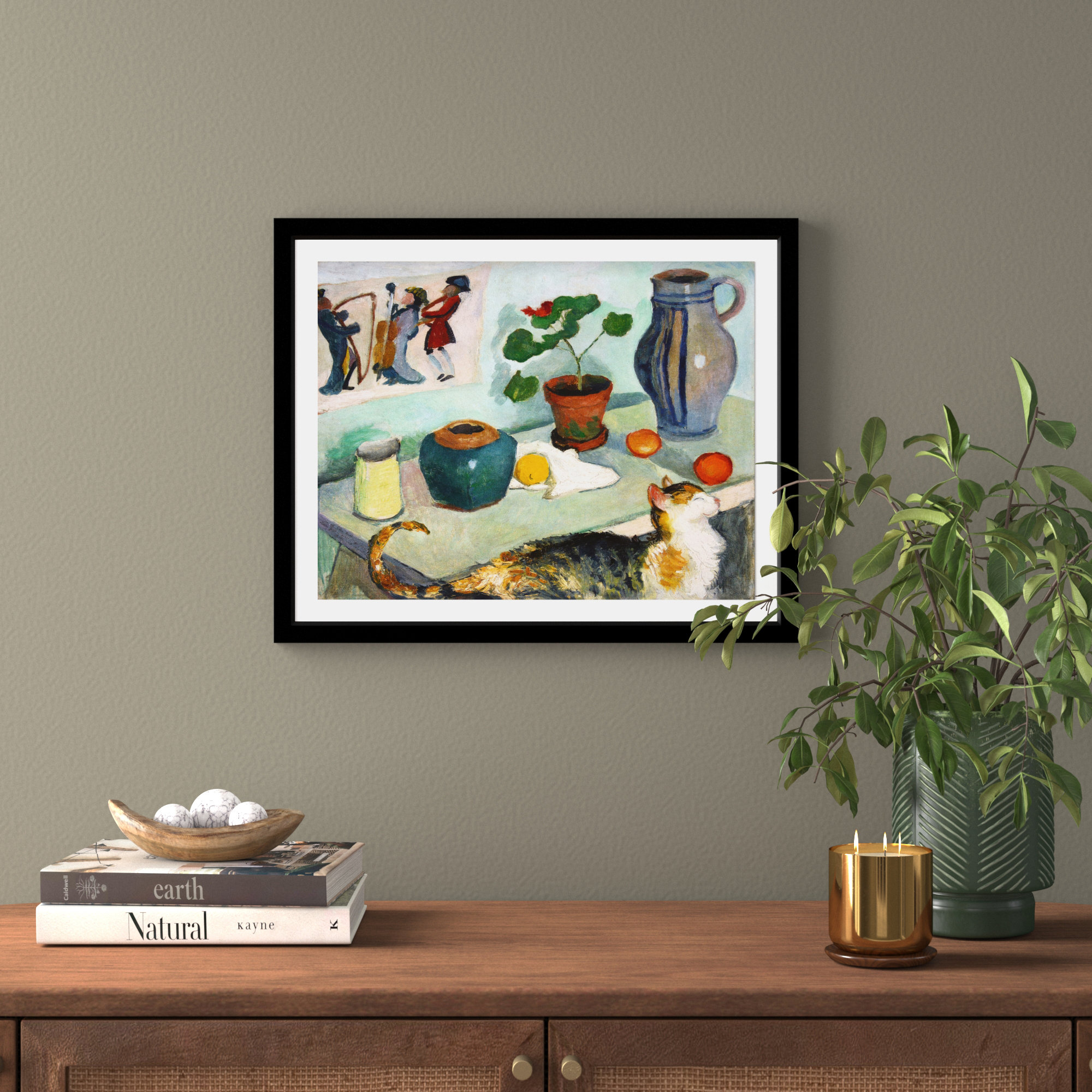 August Mackes Still Life With A Cat Art, Black Framed, 17" H x 21" W x 0.5" D