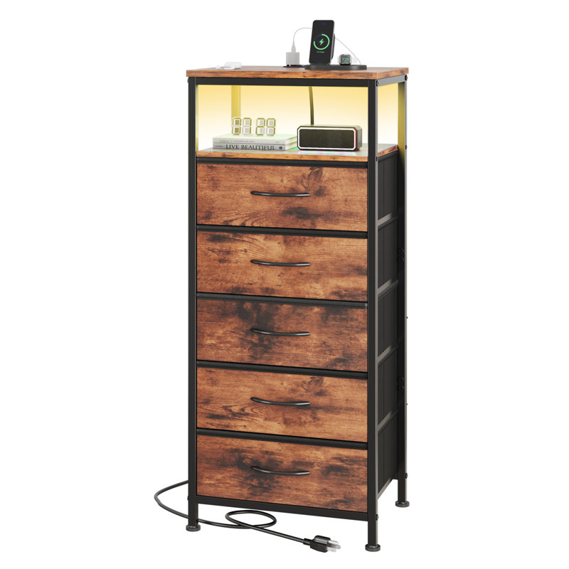 5-Drawer Iron Nightstand with Storage and Built-In Outlets, Brown