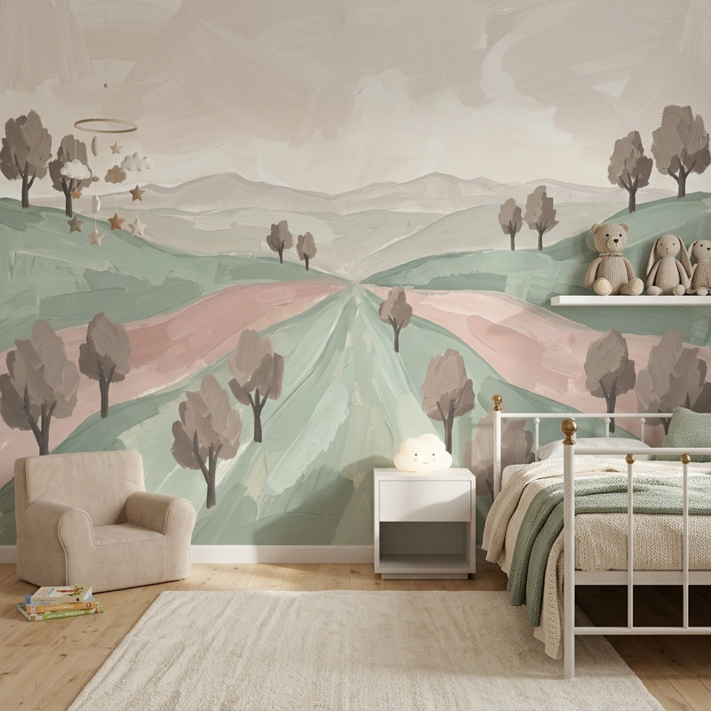 Papier peint pastel paysage Rolling Hills amovible Painterly Brushstrokes Wall Decor, 160 po x 108 po, Peler et coller