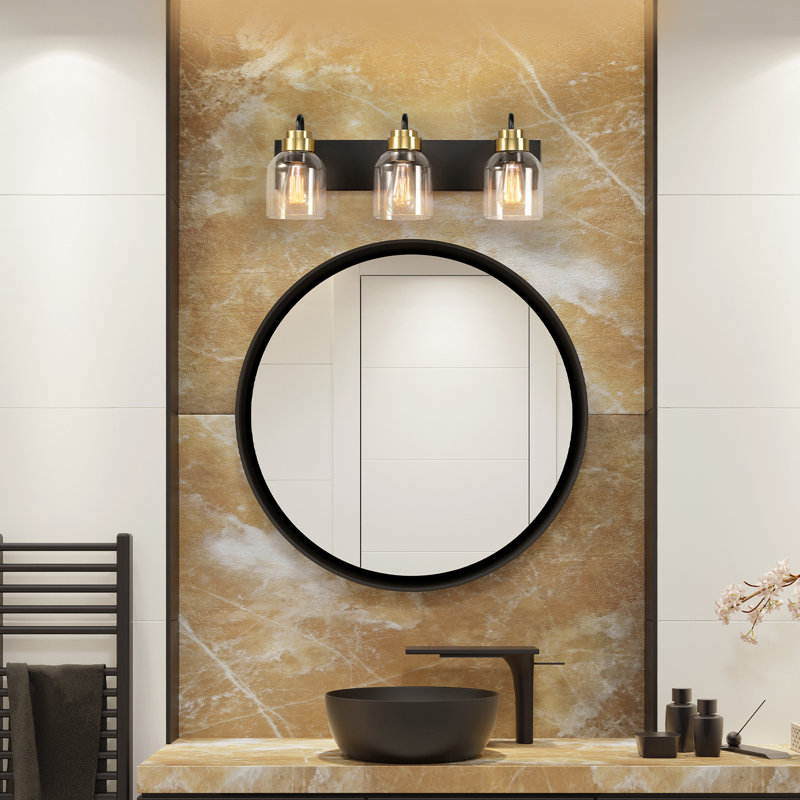 Éclairage pour salle de bain 3 lumières 22 po, noir mat, accents laiton mat, abat-jours en verre, accessoires de salon de beauté, lumières de salle de bain sur miroir, lumières de miroir de maquillage, applique murale