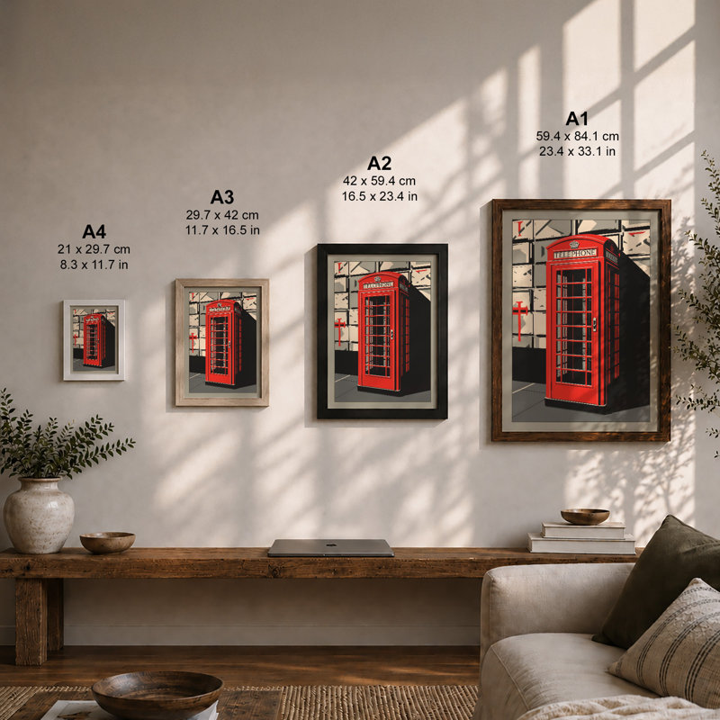 Red Telephone Box Retro - Framed Print, Black, A3 - 42.0 x 29.7 cm
