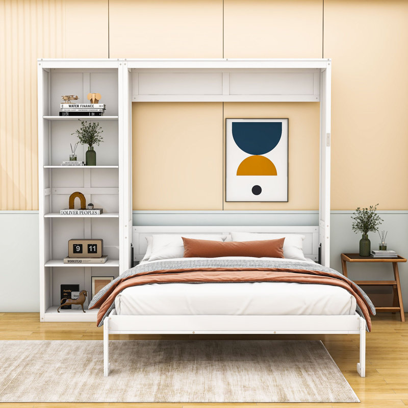 Lit escamotable avec tablettes Mcfeeters, Double, Blanc