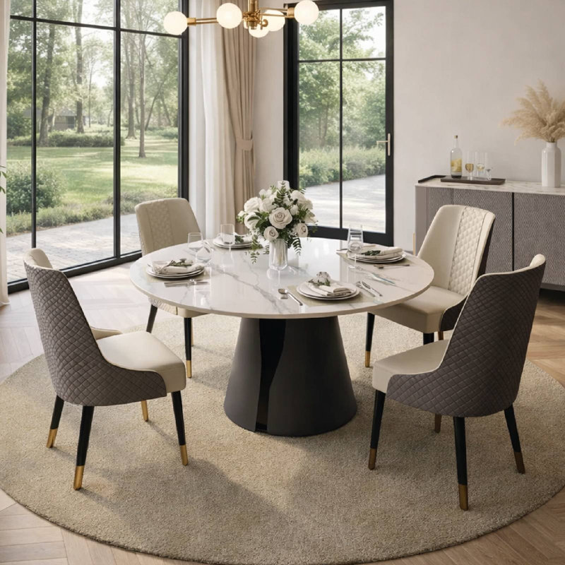 Table de salle à manger 47 po Vera, H 29,53 po x L 47,24 po x l 47,24 po, Blanc lustré, Noir