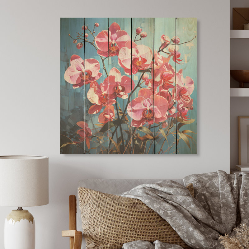 Orchidées néon rose - Art sur bois de pin naturel, H 36 po x l 36 po