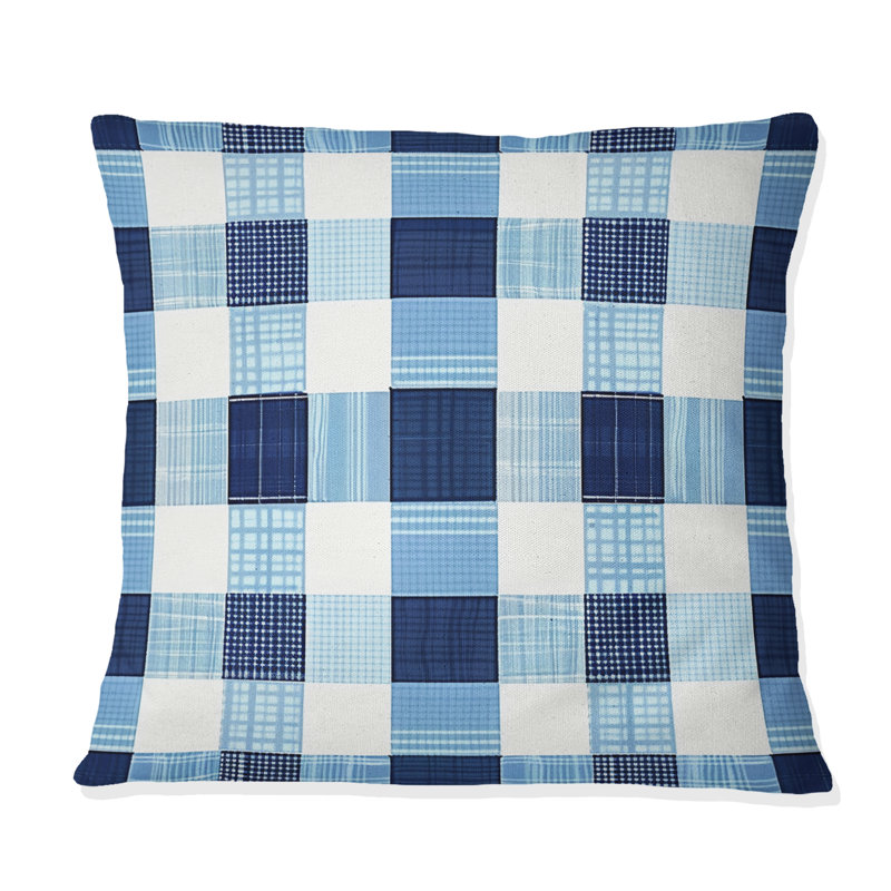 Imprimé vichy bleu et blanc I - coussin décoratif moderne, H 16 po x l 16 po