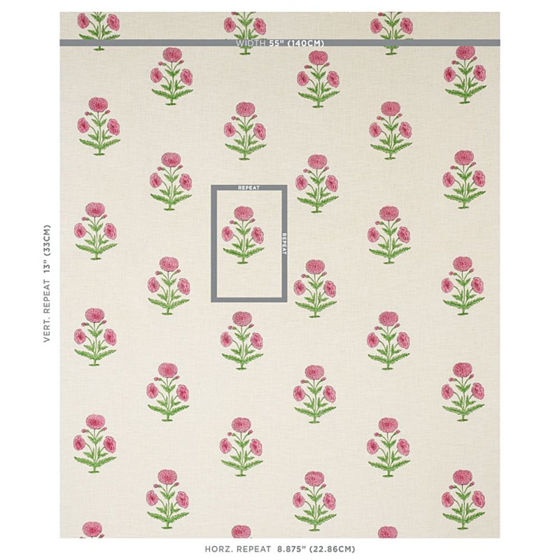 Schumacher x Molly Mahon Poppy Hand Block Print Fabric, Rose/Grass