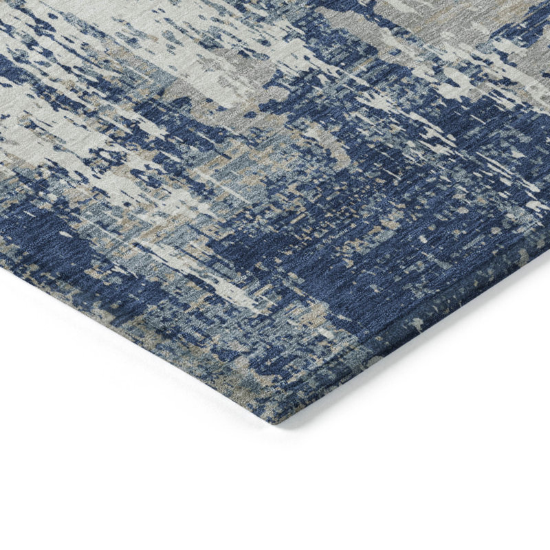 Tapis d'extérieur lavable abstrait 3 pi x 5 pi bleu marine et gris