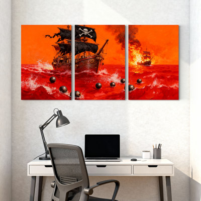Nautical Pirate Ship Sails Stormy Set of 3 Canvas Wall Art Prints