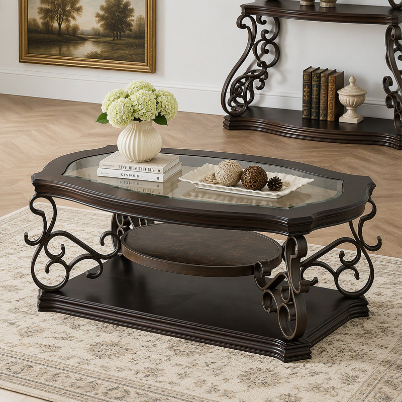 Table de cocktail, plateau de table en verre, plateau en panneau de fibres à densité moyenne et papier marbré, pieds en métal thermolaqués. (L 52 po x l 32 po x H 20,3 po)