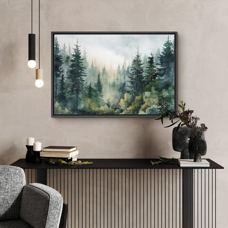 Paysage de forêt Woodland «Green Pine Tree Forest» sur, Cadre flottant noir, H 16 po x l 24 po