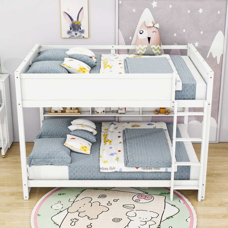 Queen Over Queen Bunk Bed With Built-In Storage Shelves And Charging Station,Ladder, White
