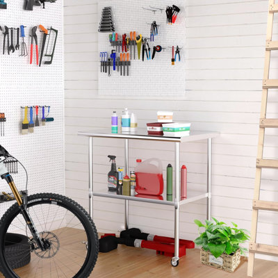 Table de travail en acier inoxydable - 430 pièces, tablettes inférieures réglables, pivotant à 360 °, idéale pour la cuisine à la maison et le garage sous la tablette galvanisée, rangement, avec deux freins, terrasse pour fêtes