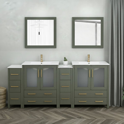 Ensemble de meuble-lavabo autoportant à double cuve 84 po avec plateau en céramique et miroirs assortis Brescia