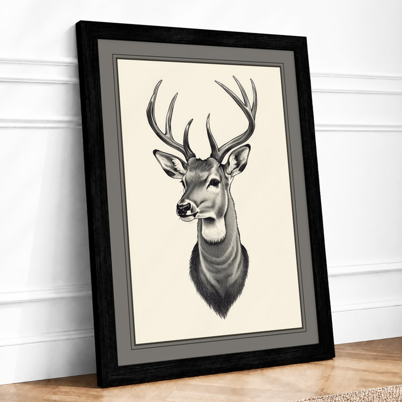 Deer in Study Botanical - Framed Print, A3 - 42.0 x 29.7 cm, Black