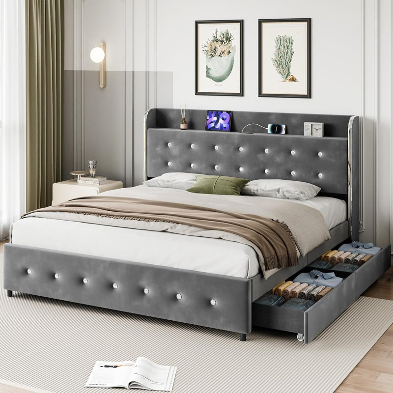 Structure de lit plateforme grand tapissier avec lit gigogne 4 tiroirs de rangement
