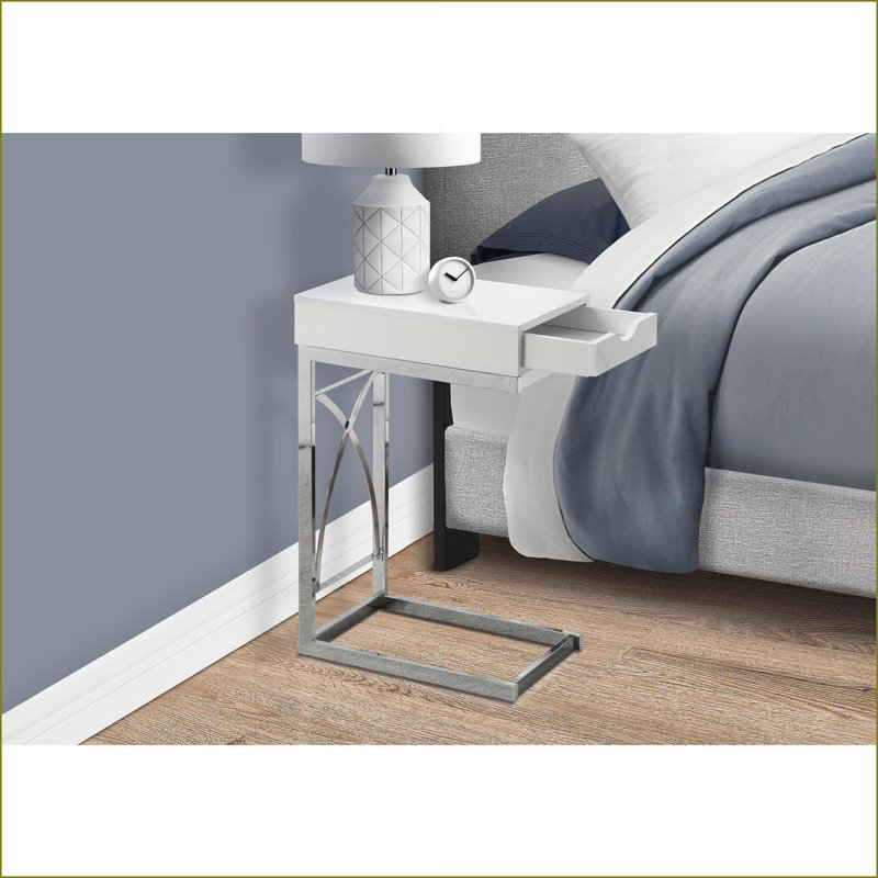 Table basse compacte en forme de C avec tiroir de rangement, stratifié blanc brillant et métal chromé pour le salon