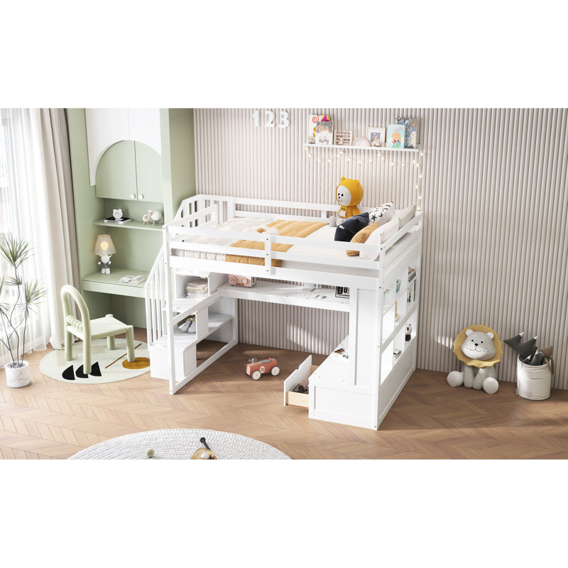 Lit mezzanine double avec bureau, tablettes, 2 tiroirs intégrés et escalier de rangement efficace et fiable - blanc polyvalent