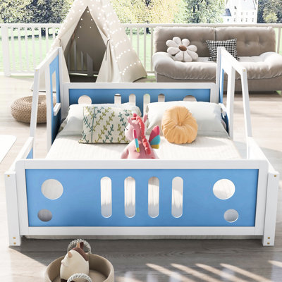Lit plateforme double classique en forme de voiture pleine grandeur en bleu - construit avec des fenêtres robustes en pin et portes pour une vue distinctive Matelas de support de rail à lattes Assemblage facile