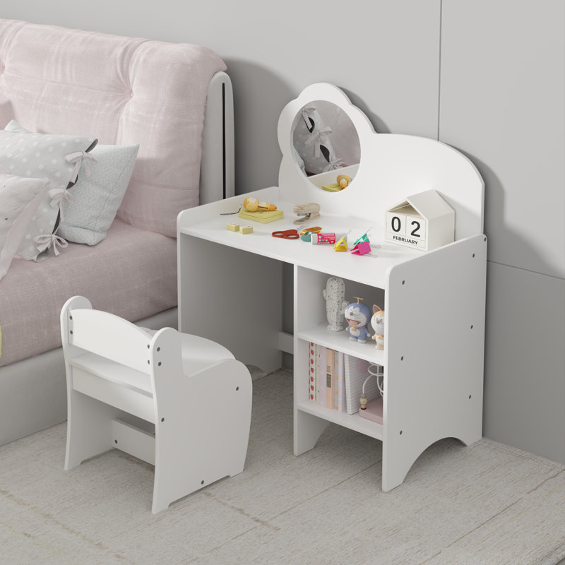 Bureau de maquillage en bois pour enfants avec tablettes de rangement