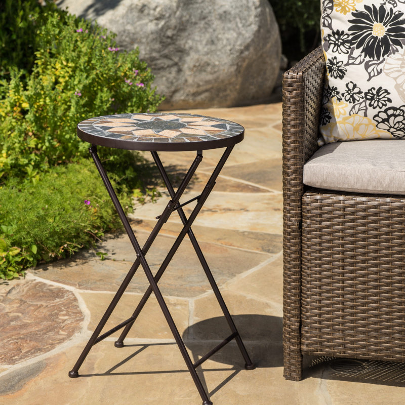 Transitional Accent Table With Beautiful Ceramic Tile And Stone Mosaic, Foldable, 14.22" X 21.81", Beige + Black, Iron Frame Foldable Side Gorgeous Style For Outdoor Space, &