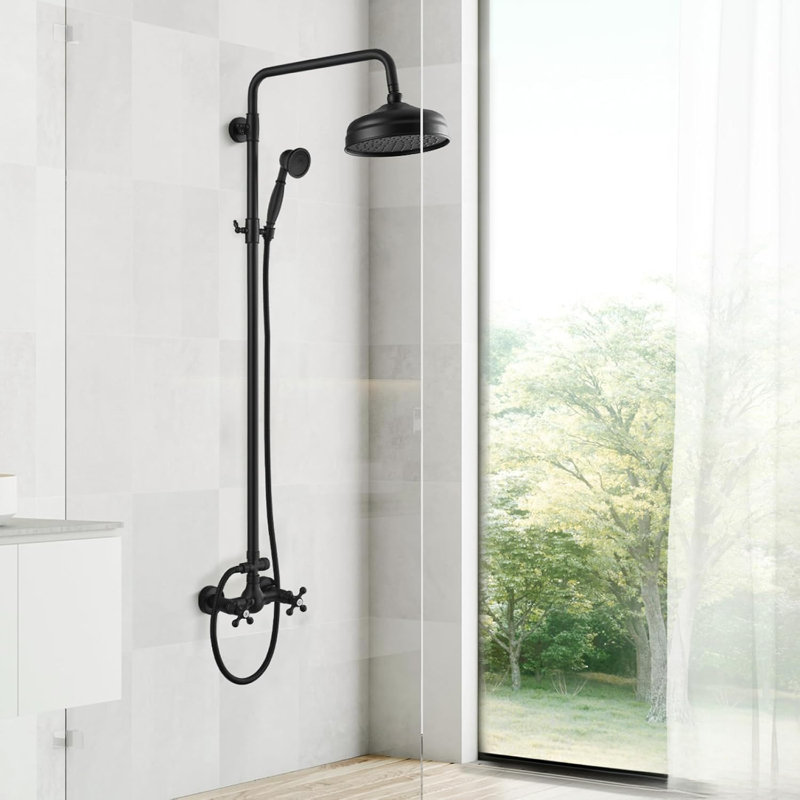 8'' Exposed Shower System with Rain Shower Head and Brass Handheld Spray, Wall Mounted Dual Function Shower Faucet Set