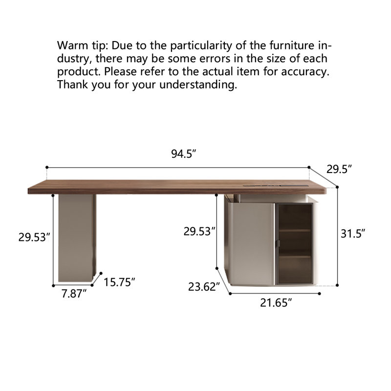 Italian Minimalist Walnut Wood Grain Desk, 31.5" H x 94.49" W x 29.53" D