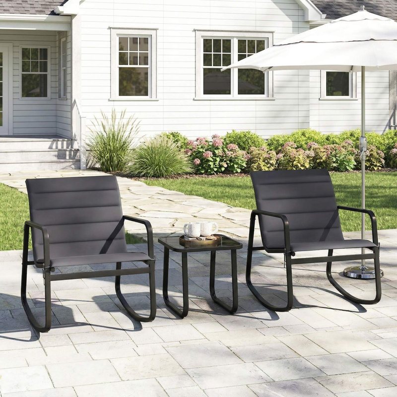 3-Piece All-Weather Outdoor Rocking Bistro Set, 2 Smooth Glide Porch Rocker Chairs With Padded Seats, 1 Scratch-Resistant Tempered Glass Side Table