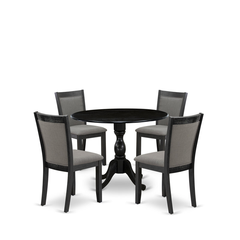 5 Piece Modern Dining Table Set Includes a Round Wooden Table with Dropleaf and 4 Dark Gotham Grey Linen Fabric Parsons Chairs, Wirebrushed Black