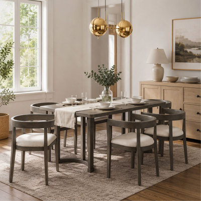 Ensemble de salle à manger 7 pièces pour 6 personnes avec 6 chaises rembourrées à dossier arrondi, table rectangulaire en bois veiné, chaises à dossier incurvé et assises rembourrées