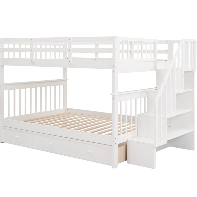 Lit superposé d'escalier de chambre à coucher, blanc, double au-dessus de double, tiroir, compartiments de rangement, garde-corps, structure en pin massif, ensemble de lattes
