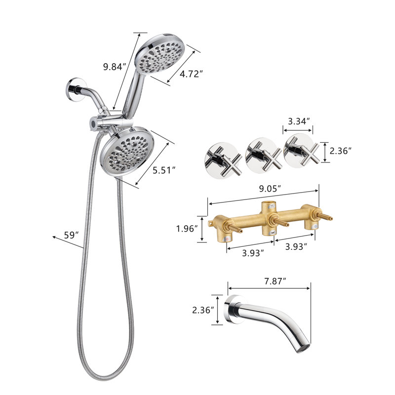 Dual Shower Head Combo With Tub And Shower Trim Kit With Rough-in Valve, Chrome