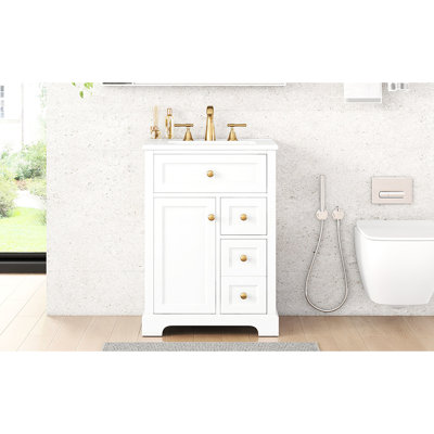 Meuble-lavabo blanc de 24 po avec lavabo encastré central et bois de pin massif, 3 tiroirs, support de porte d'armoire, finition lisse, convient aux salles d'eau sous le comptoir de 24 po et cadre en pin, deux niveaux