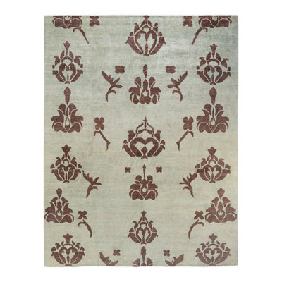 Tapis ivoire / brun en laine noué à la main de conception unique 7 pi 9 po x 9 pi 10 po New Age