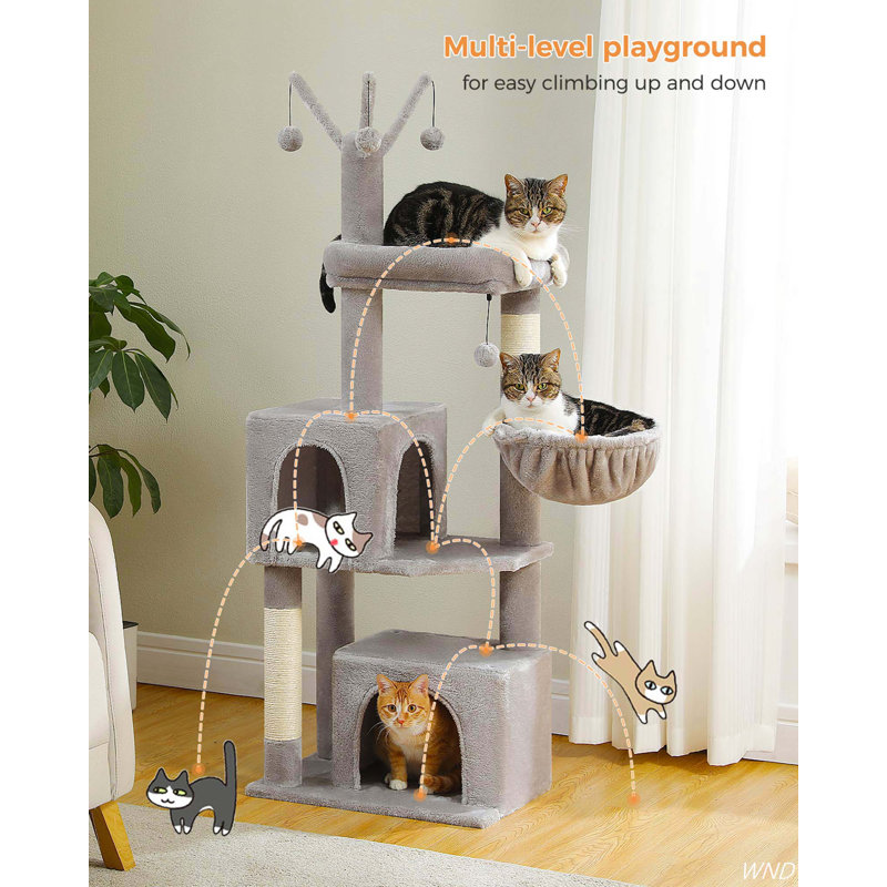 53" Gray Plush Cat Tree Tower with Condos and Hammock