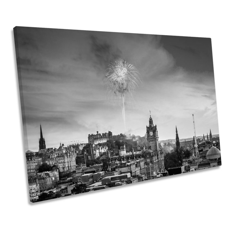 Edinburgh Fireworks City B&W - Wrapped Canvas Print, 30.5cm H x 45.7cm W x 2cm D