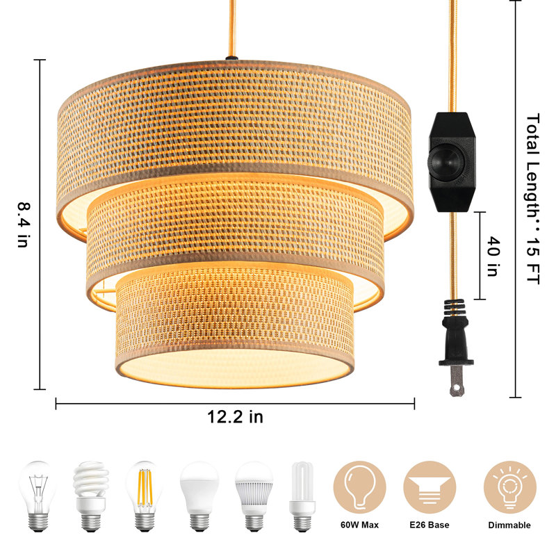 Rochell Diameter 12.2" Plug-in Pendant Light, Hanging Lamp with Dimmable, Hanging Light with 15 ft Plug Cord, Yellow