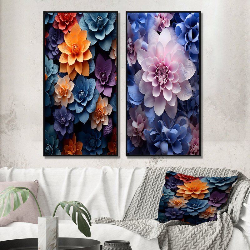 «Orange Blue Abstract Still Lifes», 2 pièces sur toile, H 32 po x l 32 po, Cadre noir