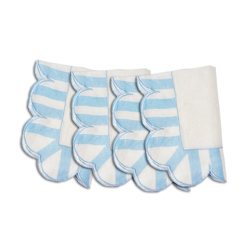 Jardin Embroidered Linen Scalloped Stripe Napkins, Blue/White