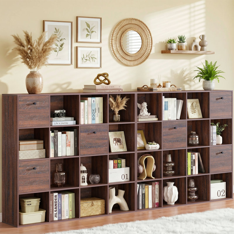 Organisateur de rangement modulaire 16 cubes avec tiroirs en tissu, bibliothèque en bois rustique noyer et paravent individuel