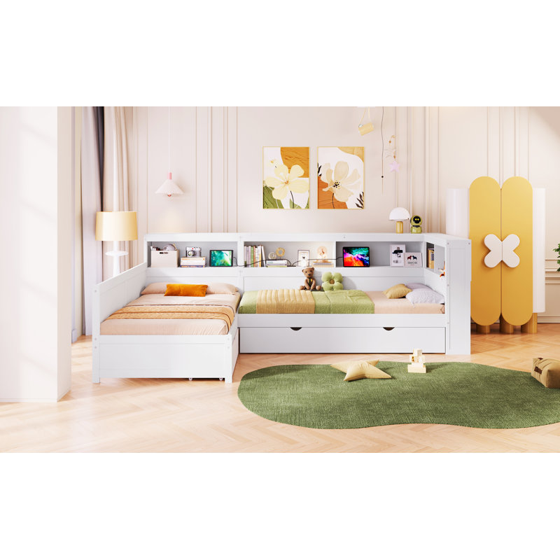 Lit plateforme simple en bois en L avec lit gigogne et tiroir, en bois (2 pièces)