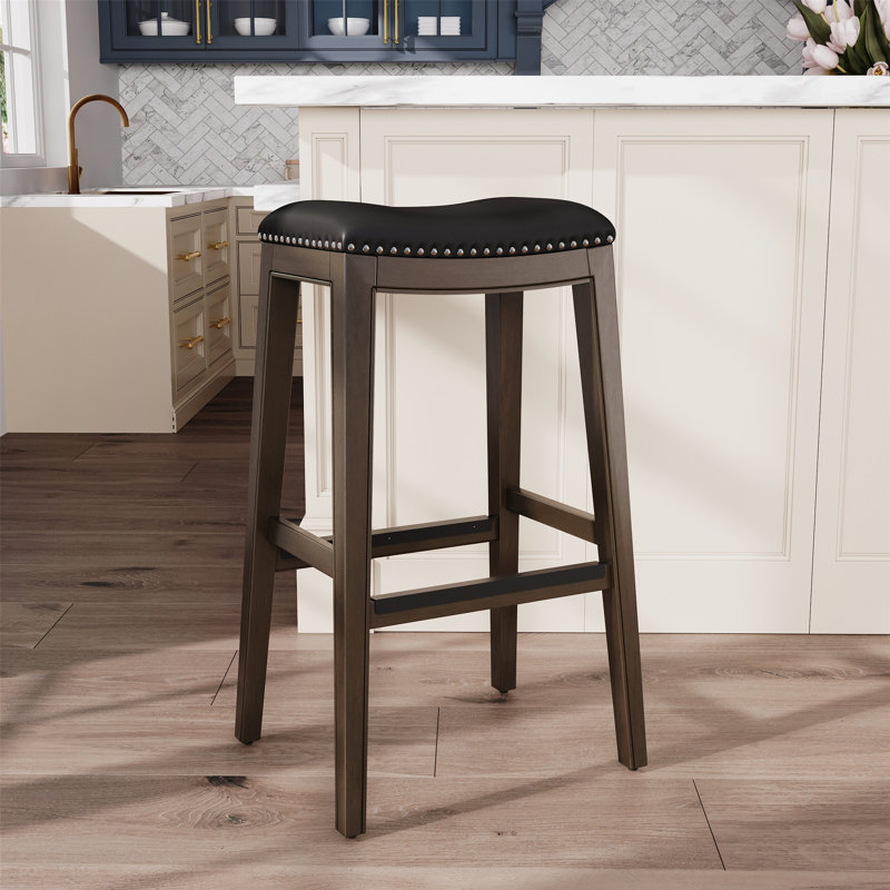 Tabouret de bar 30 po avec siège en cuir, Brun, Noir, noir, noir, noir