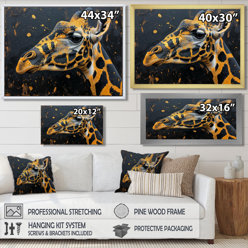 Eduarda - Décoration murale girafe, H 12 po x l 20 po x P 1 po, Cadre simple noir