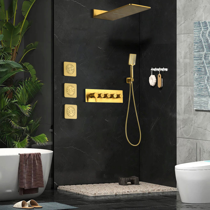 Wall Mounted Waterfall Rain Shower System With 3 Body Jets And Handheld Shower Set, Brushed Gold