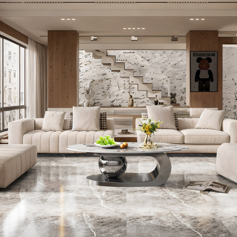 Hannie 51" Modern Luxury Marble Coffee Table with Metal Pedestal Base, Pandora, Gray