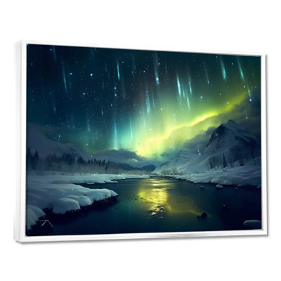 «Green Northern Lights River Snow Landscape - Aurora Borealis», art mural